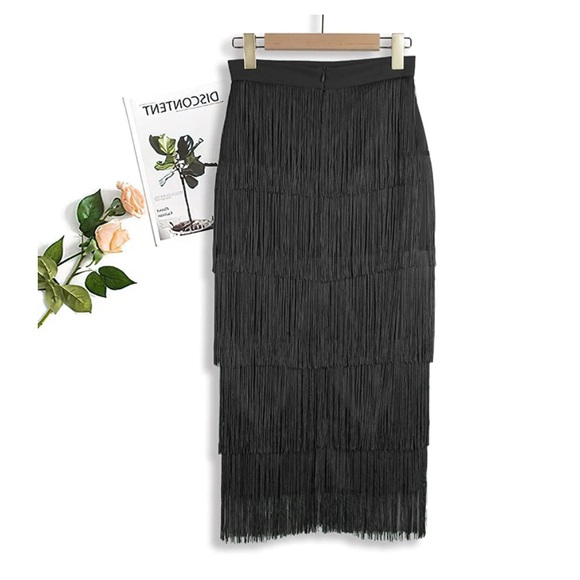 Tiered Fringe Elastic Waist Midi Skirt